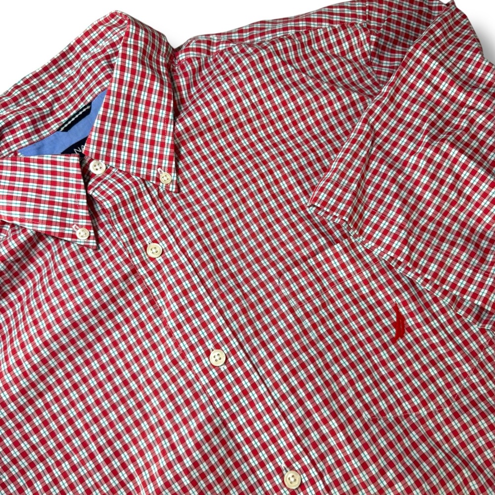 Nautica Classic Fit Mens Red Gingham Plaid Short Sleeve Button Up Shirt‎ XL